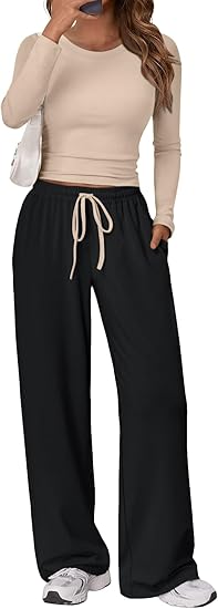 Trendy Queen Women's 2 Piece Matching Lounge Set Long Sleeve Slightly Crop Top Wide Leg Pants Casual Sweatsuit
