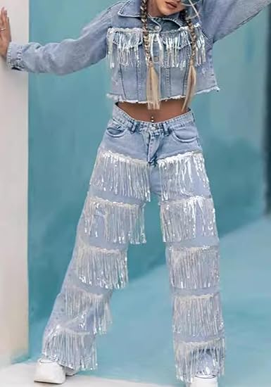 Women's Sparkly Glitter Fringe Jeans High Waist Wide Leg Denim Pants with Tassel Y2k Streetwear