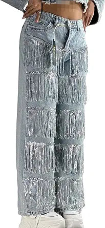 Women's Sparkly Glitter Fringe Jeans High Waist Wide Leg Denim Pants with Tassel Y2k Streetwear