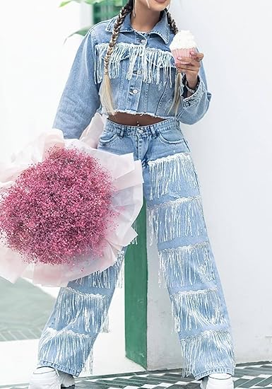 Women's Sparkly Glitter Fringe Jeans High Waist Wide Leg Denim Pants with Tassel Y2k Streetwear