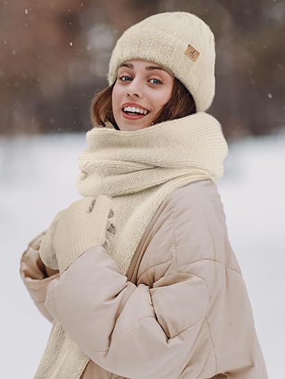 Winter Beanie Hat Scarf Gloves, Warm Fleece Knit Hat Long Scarf Neck Warmer Touch Screen Winter Gloves Set Gifts for Women