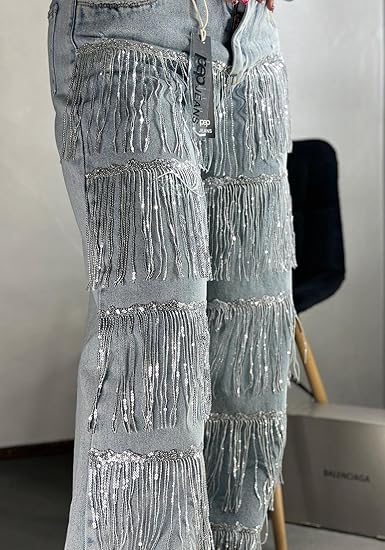 Women's Sparkly Glitter Fringe Jeans High Waist Wide Leg Denim Pants with Tassel Y2k Streetwear