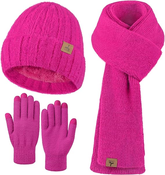 Winter Beanie Hat Scarf Gloves, Warm Fleece Knit Hat Long Scarf Neck Warmer Touch Screen Winter Gloves Set Gifts for Women