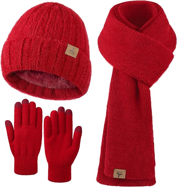 Winter Beanie Hat Scarf Gloves, Warm Fleece Knit Hat Long Scarf Neck Warmer Touch Screen Winter Gloves Set Gifts for Women