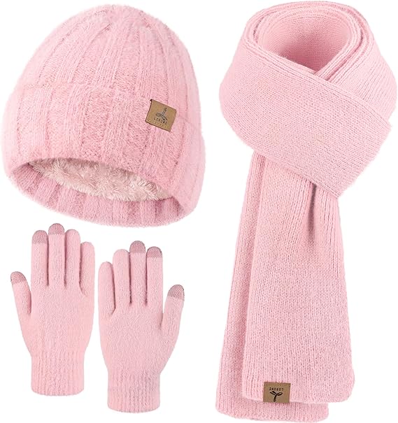 Winter Beanie Hat Scarf Gloves, Warm Fleece Knit Hat Long Scarf Neck Warmer Touch Screen Winter Gloves Set Gifts for Women