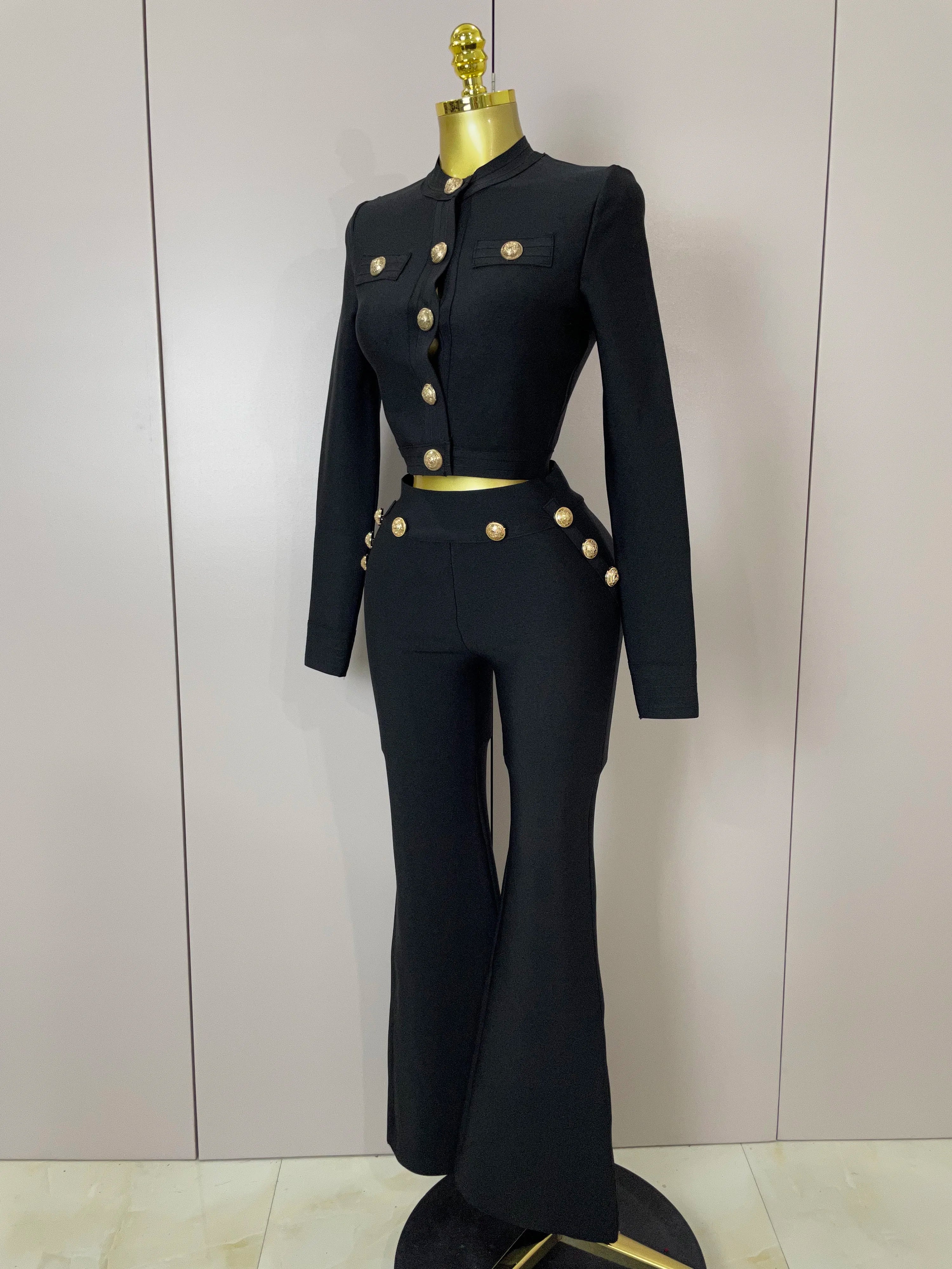 2025 New High Quality Golden Buttons Short Coat Top And Flare Pants Bandage 2 Pieces Set Woman Celebrity Evening Party Vestidos