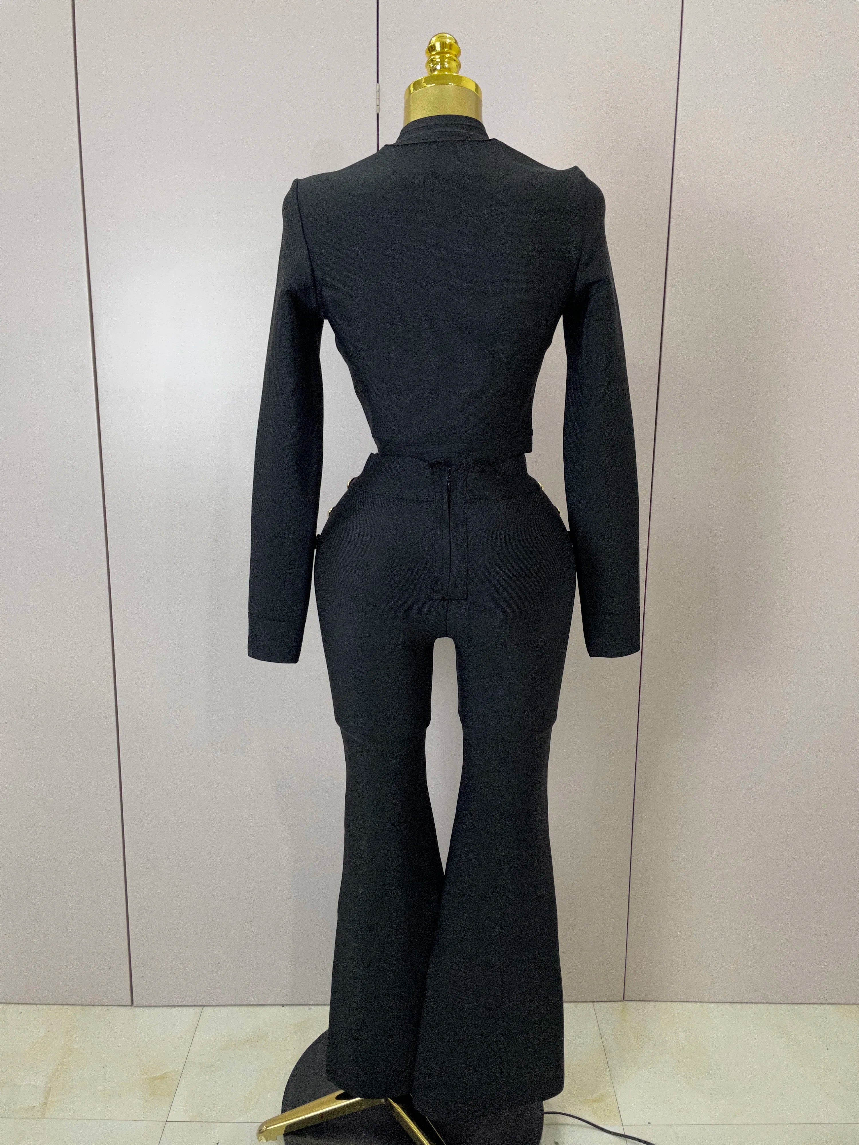 2025 New High Quality Golden Buttons Short Coat Top And Flare Pants Bandage 2 Pieces Set Woman Celebrity Evening Party Vestidos