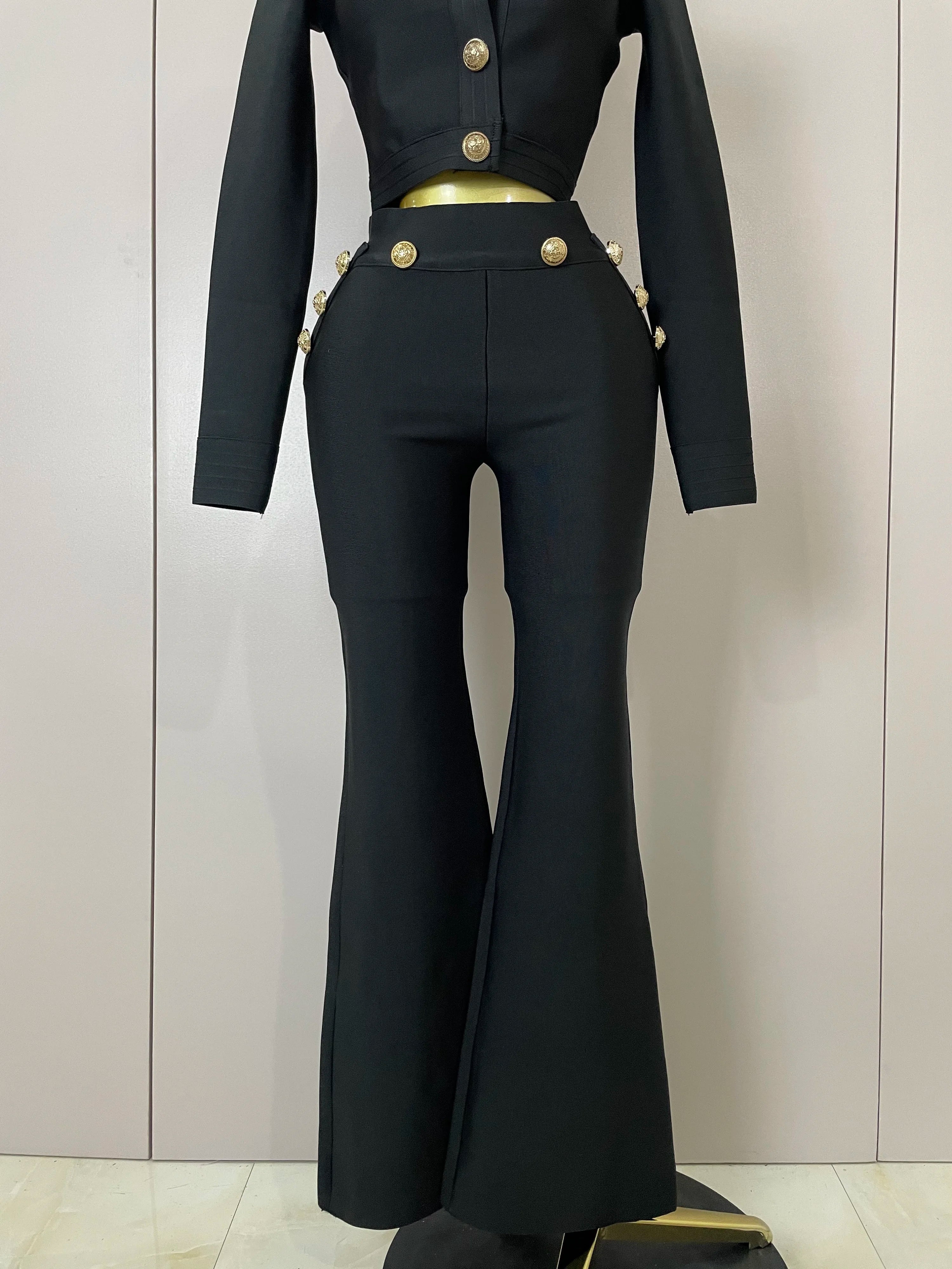 2025 New High Quality Golden Buttons Short Coat Top And Flare Pants Bandage 2 Pieces Set Woman Celebrity Evening Party Vestidos