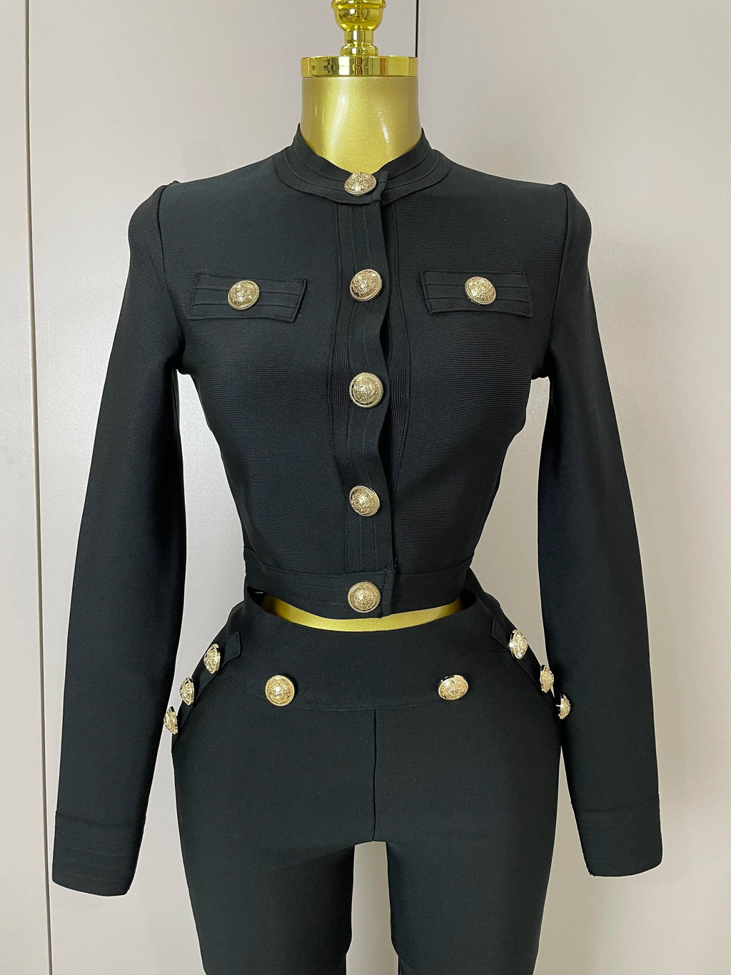 2025 New High Quality Golden Buttons Short Coat Top And Flare Pants Bandage 2 Pieces Set Woman Celebrity Evening Party Vestidos