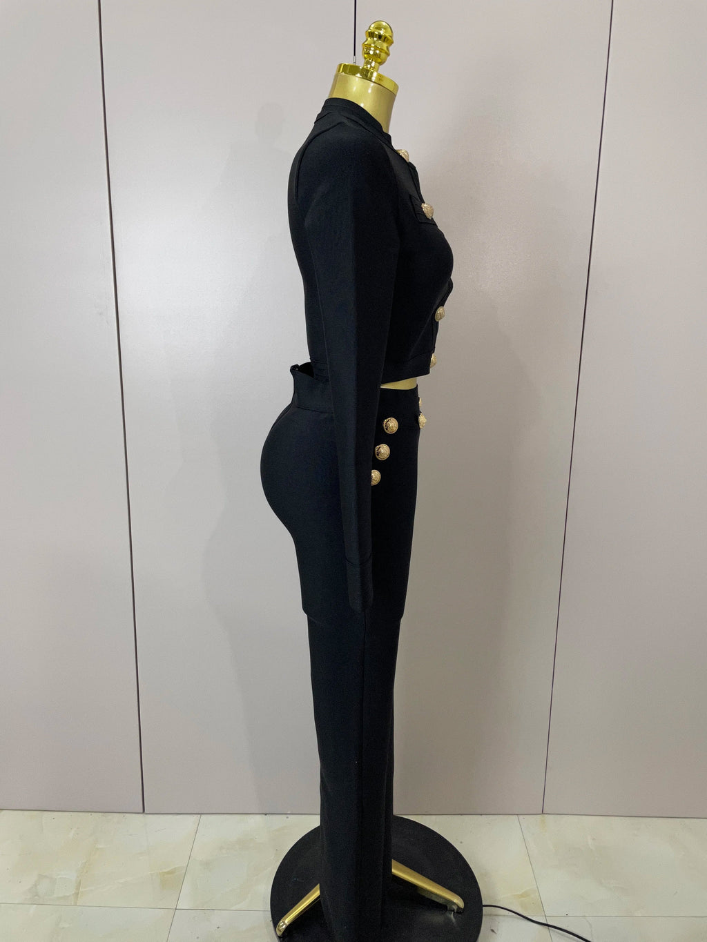 2025 New High Quality Golden Buttons Short Coat Top And Flare Pants Bandage 2 Pieces Set Woman Celebrity Evening Party Vestidos