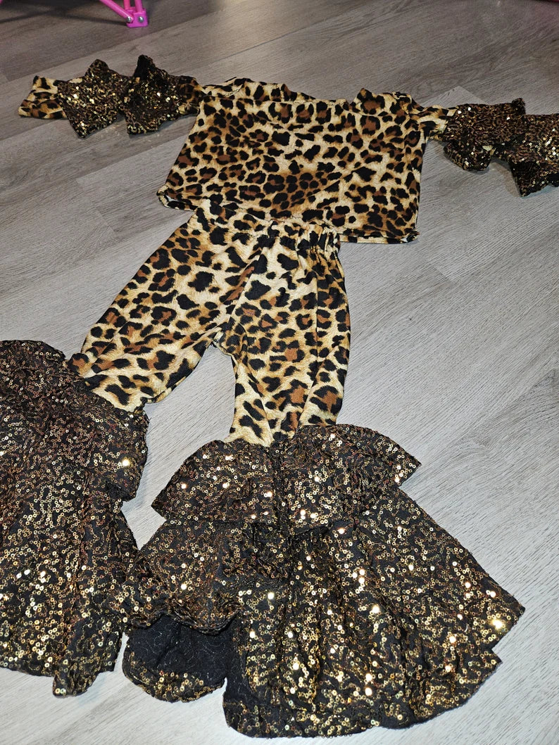Girls leopard print black gold sequin pants set ruffles bell bottoms