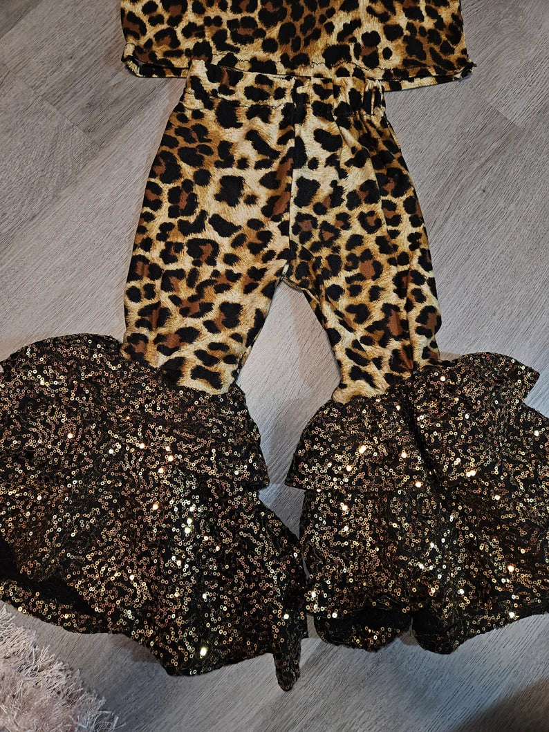 Girls leopard print black gold sequin pants set ruffles bell bottoms
