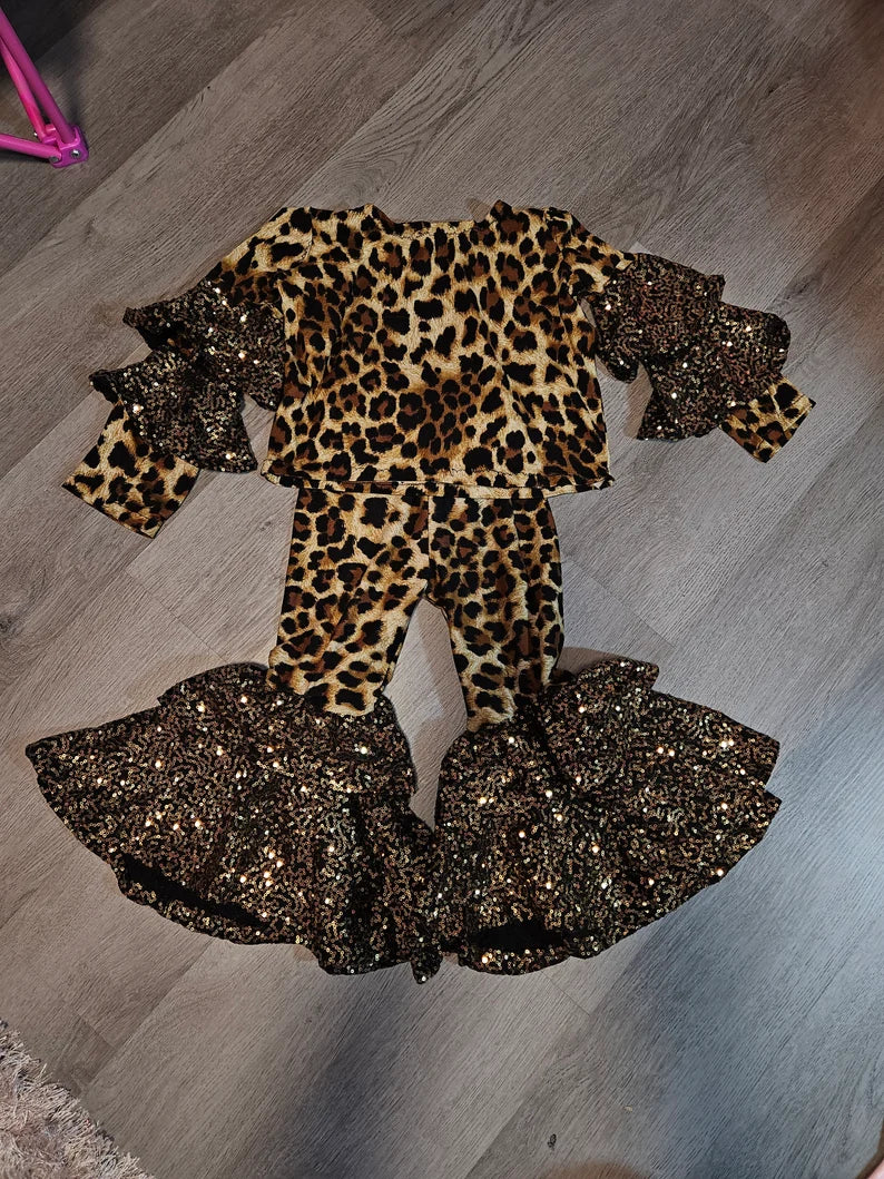 Girls leopard print black gold sequin pants set ruffles bell bottoms