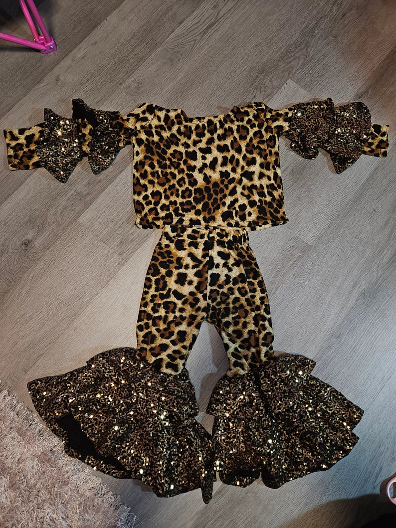 Girls leopard print black gold sequin pants set ruffles bell bottoms