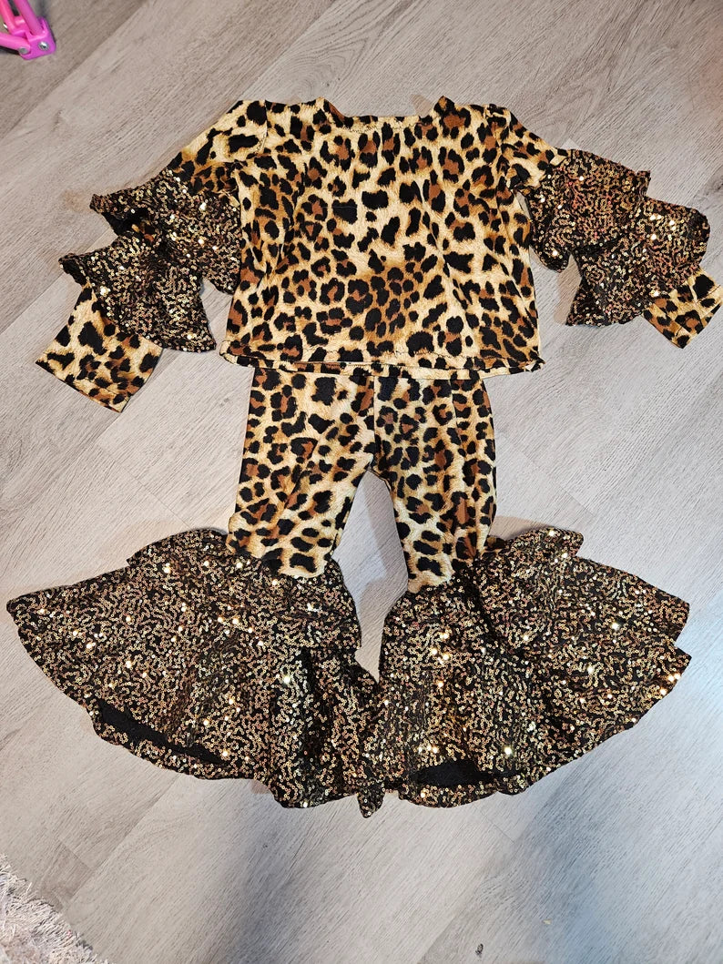 Girls leopard print black gold sequin pants set ruffles bell bottoms