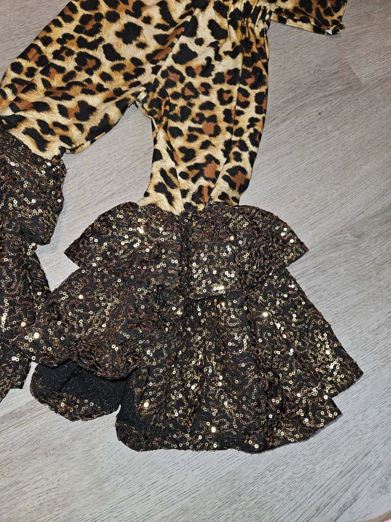 Girls leopard print black gold sequin pants set ruffles bell bottoms
