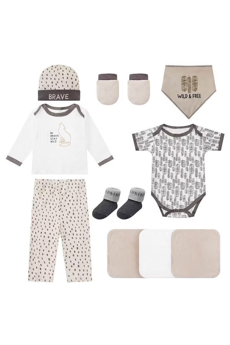 Set cadou nou nascuti, 10 piese, alb/gri/bej, 0-6 luni
