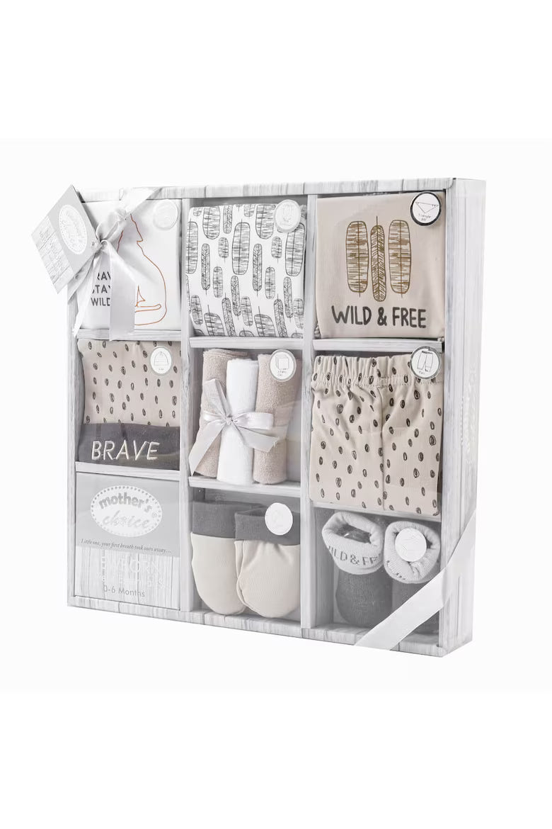 Set cadou nou nascuti, 10 piese, alb/gri/bej, 0-6 luni